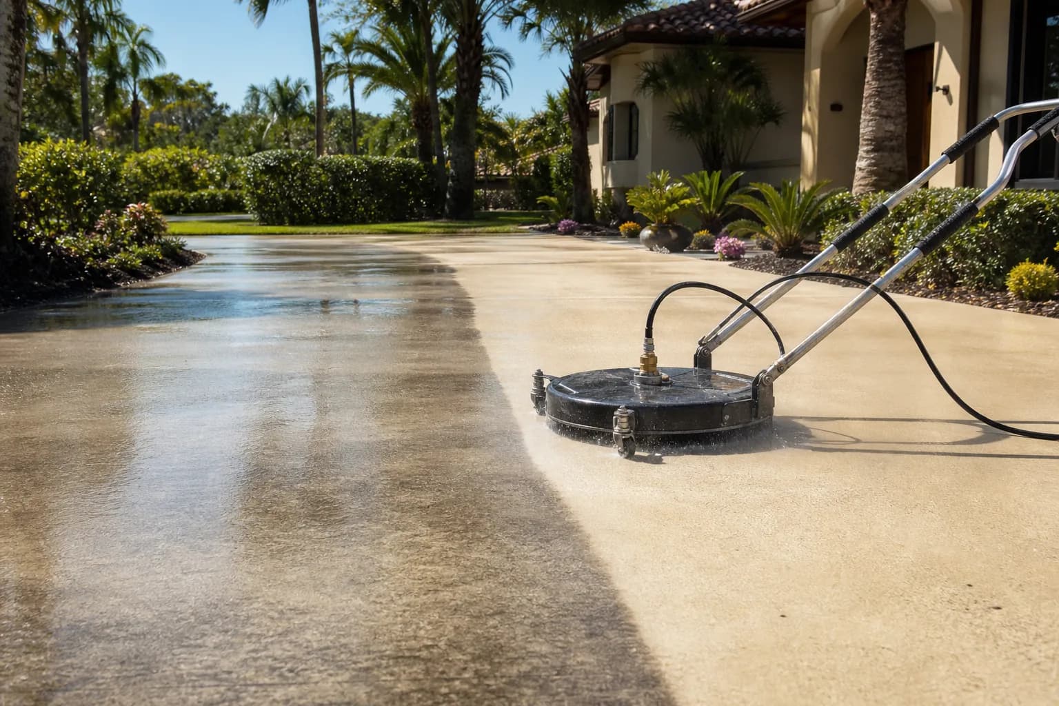 A concrete driveway being pressure washed clean in South Florida