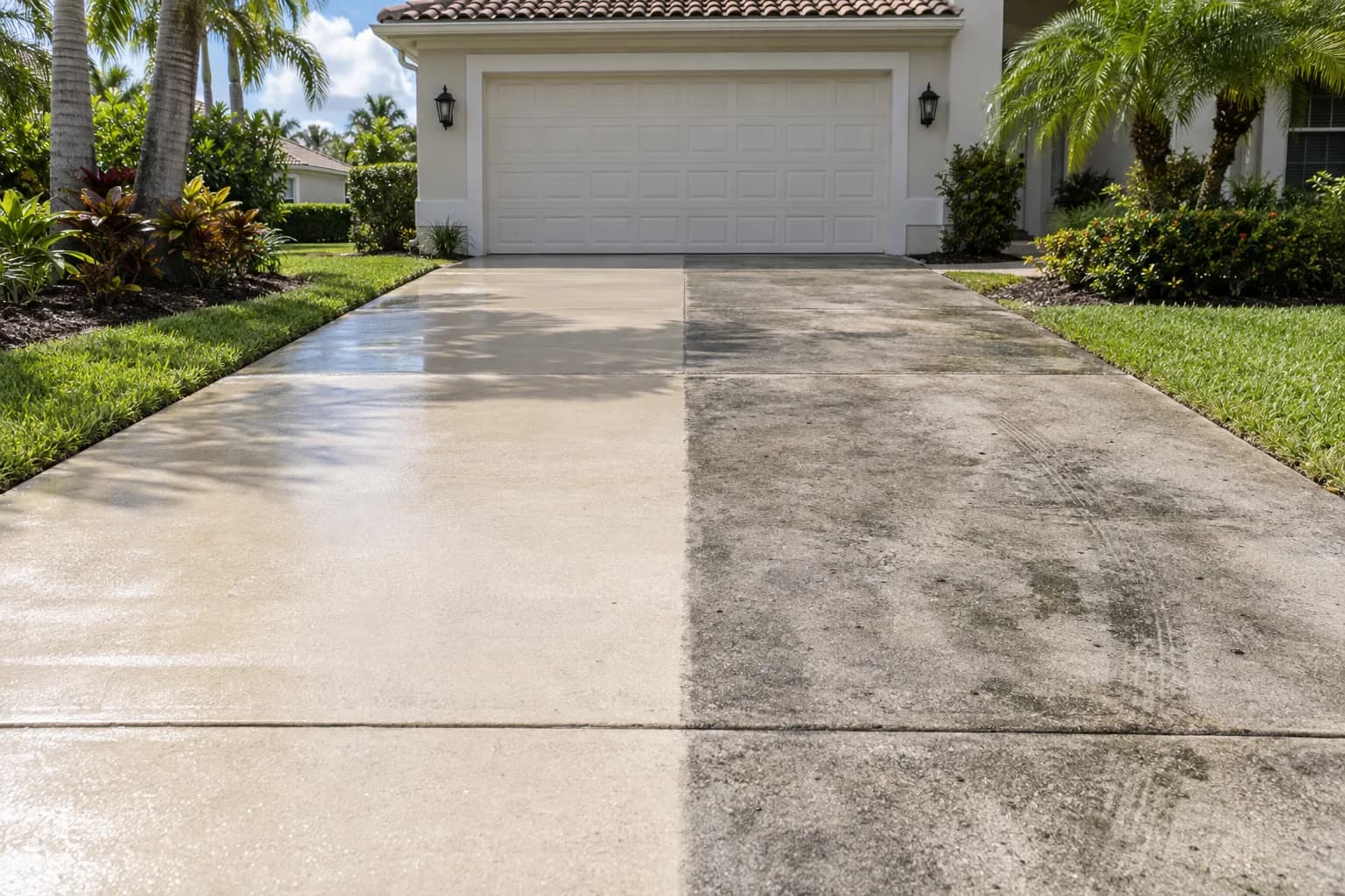 A concrete driveway being pressure washed clean in South Florida